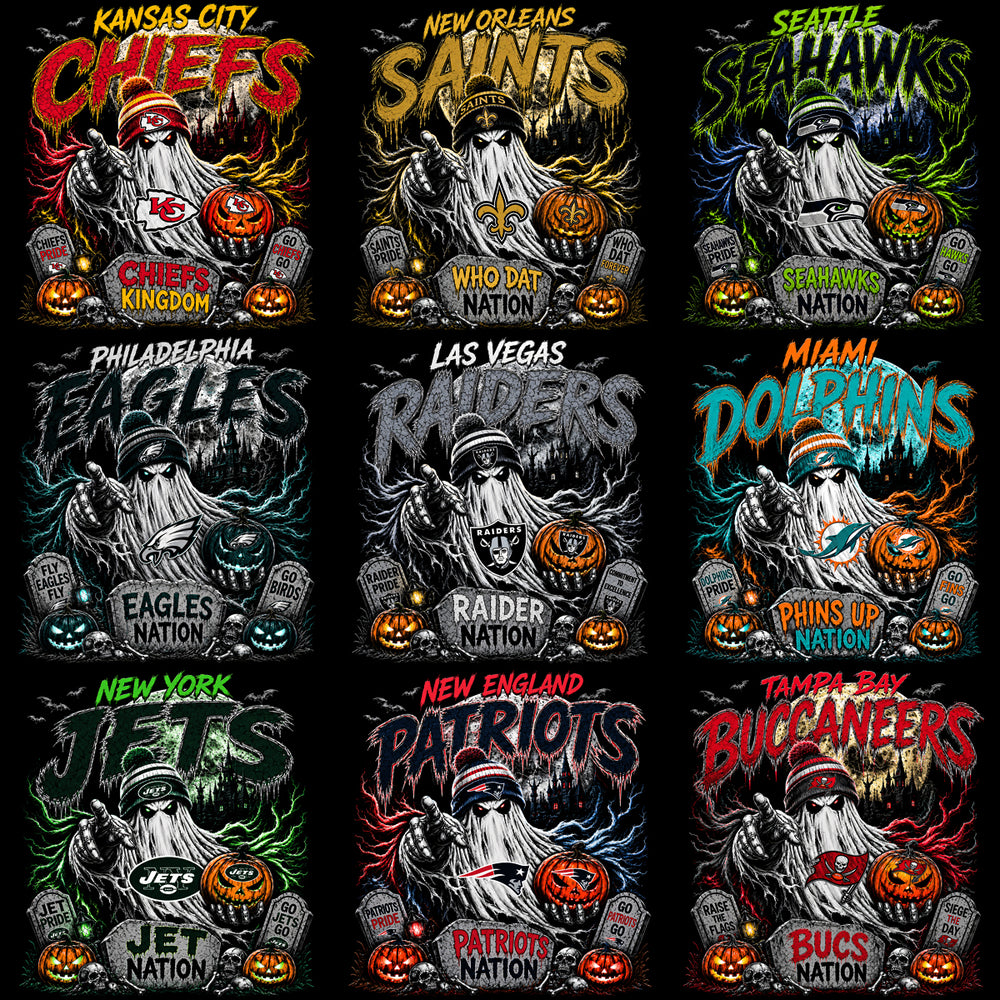 32 Football Teams Slogan Ghost Halloween Black Knockout Designs Bundle PNG