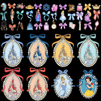 Load image into Gallery viewer, Disney princess designs with castles, bows, and accessories for DTF, DTG, and embroidery projects.
