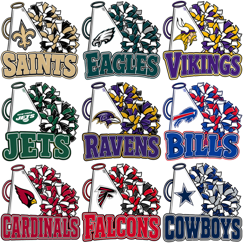 32 Football Teams Megaphone Pom-Poms Designs Bundle PNG