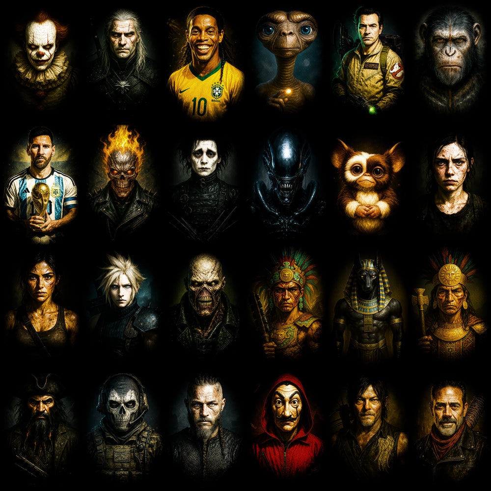 Collection of dark fantasy and pop culture character portraits in a cinematic digital art style.