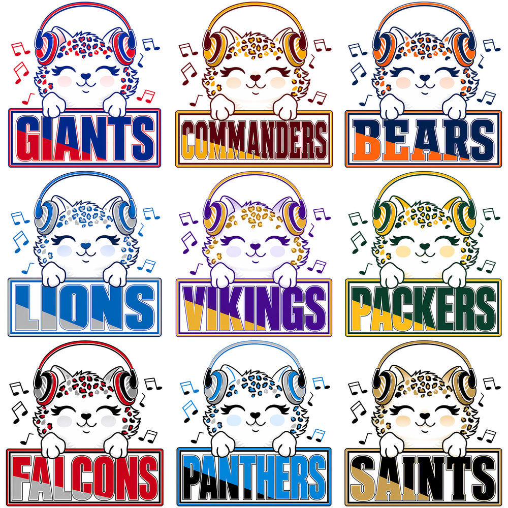 Cute leopard cub with headphones and NFL team names like Giants, Bears, Packers for DTF/DTG designs
