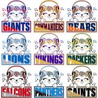 Cargar imagen en el visor de la galería, Cute leopard cub with headphones and NFL team names like Giants, Bears, Packers for DTF/DTG designs
