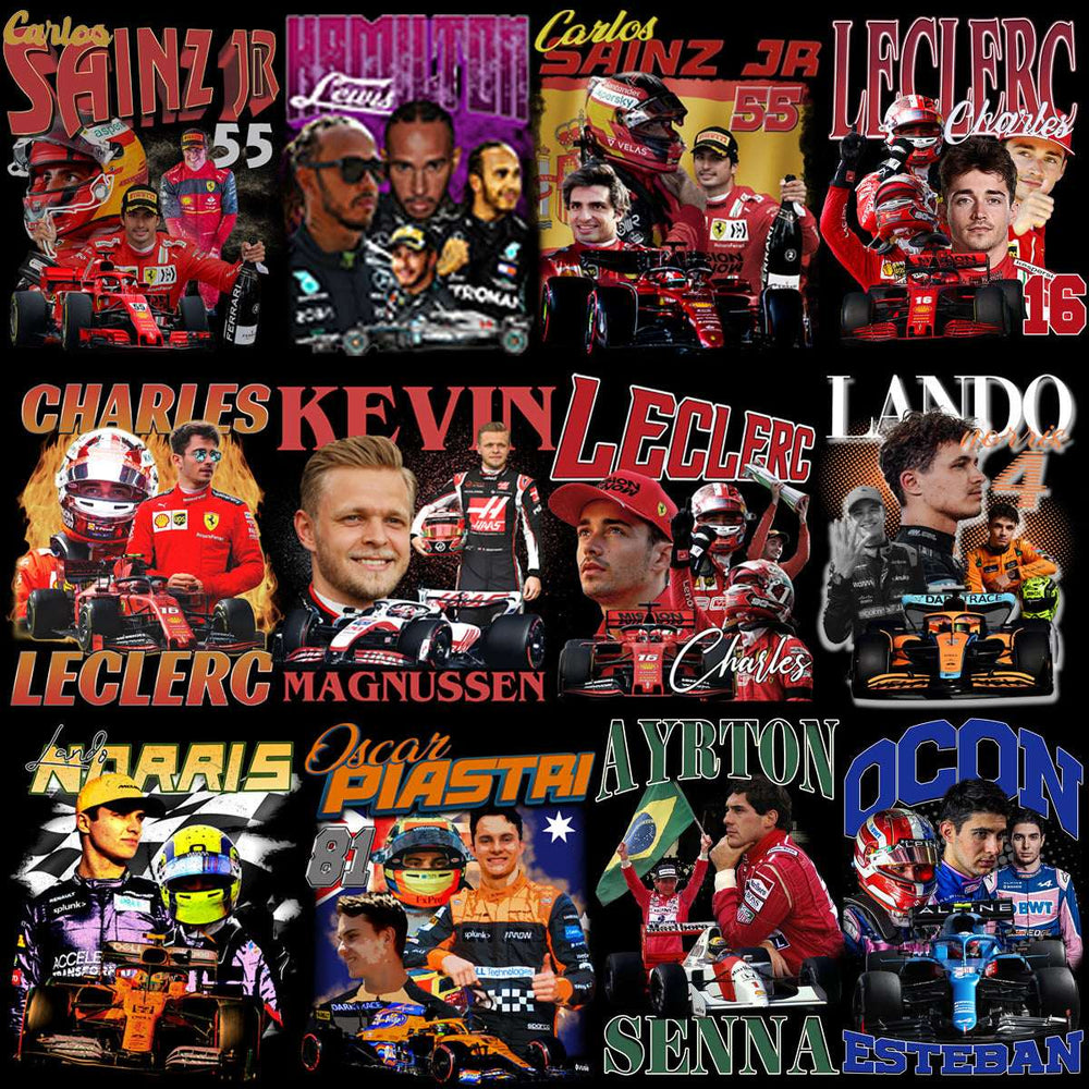 F1 drivers collage with race cars, helmets, and names like Leclerc, Hamilton, and Senna for print designs