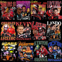Load image into Gallery viewer, F1 drivers collage with race cars, helmets, and names like Leclerc, Hamilton, and Senna for print designs
