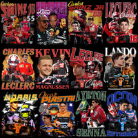 Load image into Gallery viewer, F1 drivers collage with race cars, helmets, and names like Leclerc, Hamilton, and Senna for print designs
