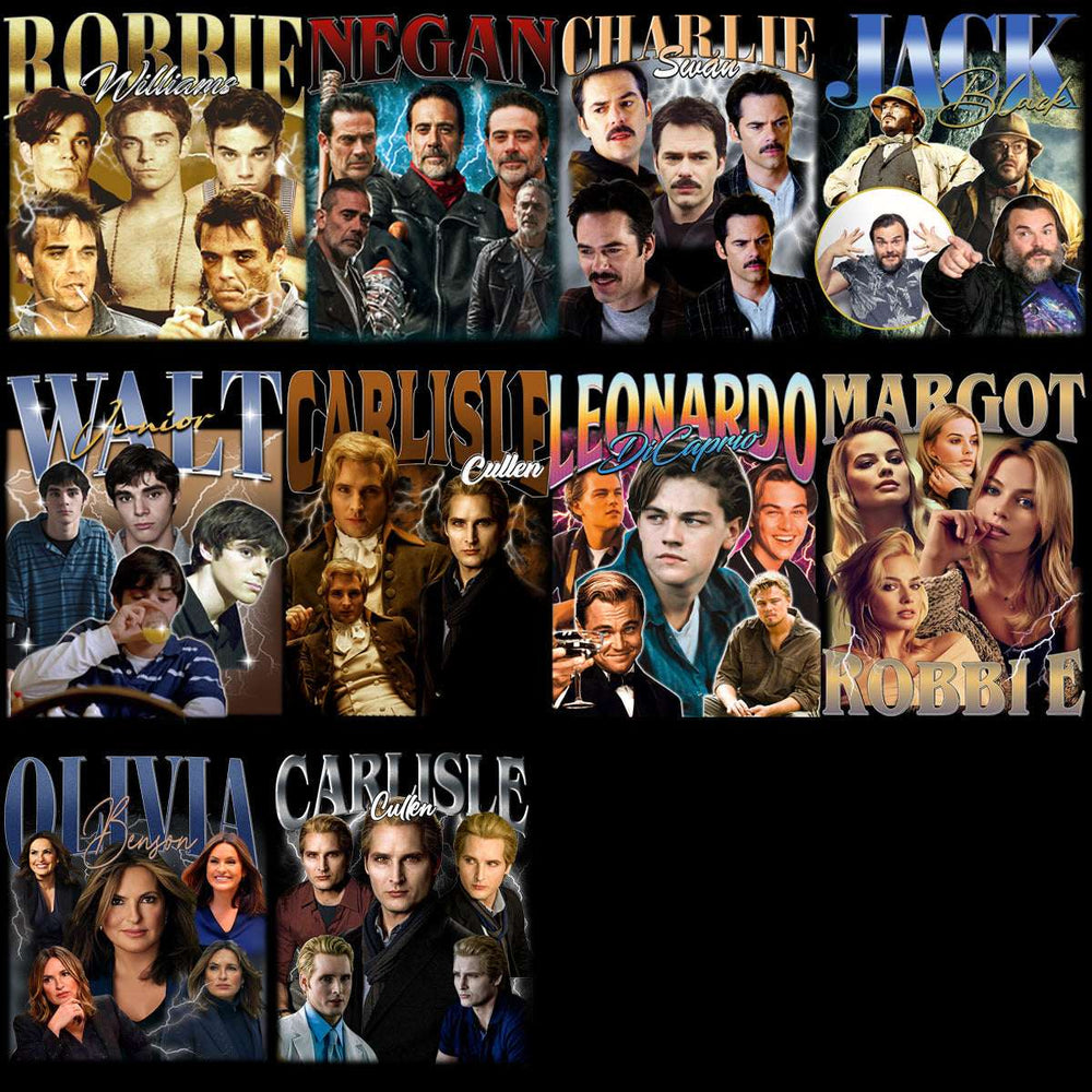 Celebrity collage featuring Robbie Williams, Jack Black, Leonardo DiCaprio, and other stars in themed design bundles