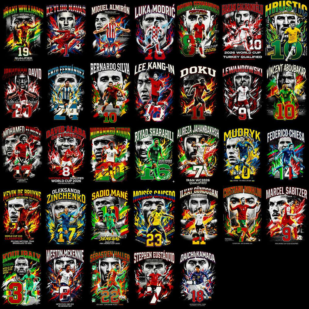Vibrant soccer player designs for DTF/DTG, embroidery, and tumbler wraps with fiery effects and team numbers.
