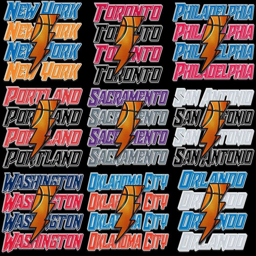 City basketball designs with lightning bolt, print-ready for DTF DTG, SVG PNG formats