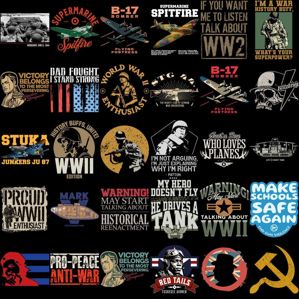 WWII-themed t-shirt designs featuring B-17, Spitfire, tanks, and historical quotes for DTF/DTG printing