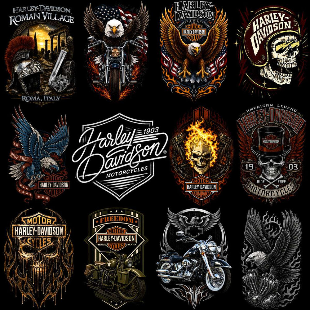 Harley-Davidson motorcycle designs with eagles, skulls, flames, and vintage bikes for DTF, DTG, embroidery