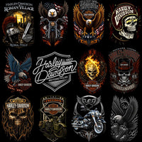 Cargar imagen en el visor de la galería, Harley-Davidson motorcycle designs with eagles, skulls, flames, and vintage bikes for DTF, DTG, embroidery
