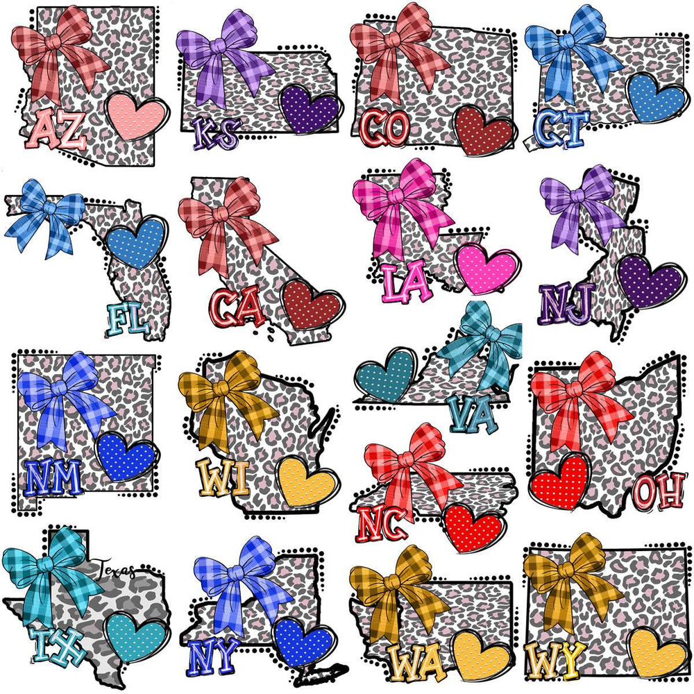 Leopard print state outlines with plaid bows & hearts, print-ready for DTF, DTG, embroidery designs