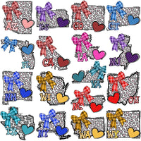 Load image into Gallery viewer, Leopard print state outlines with plaid bows &amp; hearts, print-ready for DTF, DTG, embroidery designs
