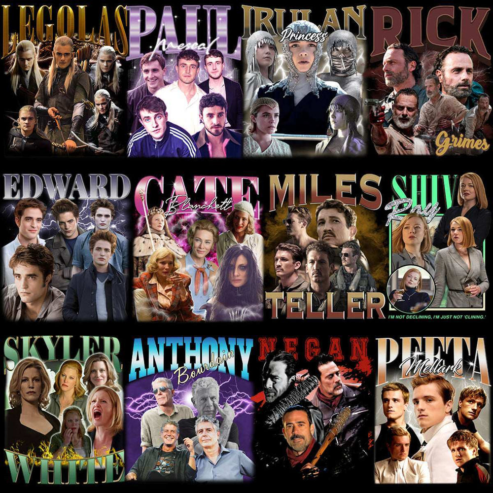 60 Celebrity Movie & TV Series Bootleg T-Shirt Designs Bundle PNG