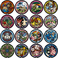 Load image into Gallery viewer, Pokémon-themed manhole covers featuring colorful designs and characters from the franchise.
