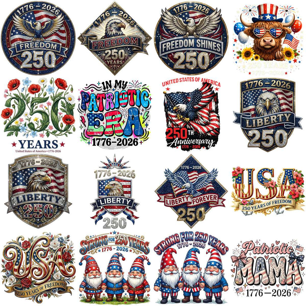 Patriotic 250th Anniversary designs with eagles, USA themes, and freedom motifs for DTF, DTG, embroidery