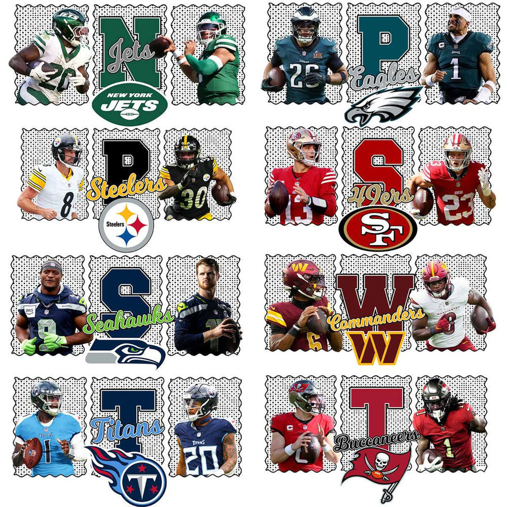 NFL team designs featuring Jets, Eagles, Steelers, 49ers, Seahawks, Commanders, Titans, Buccaneers