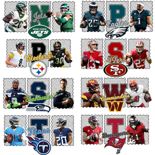 NFL team designs featuring Jets, Eagles, Steelers, 49ers, Seahawks, Commanders, Titans, Buccaneers