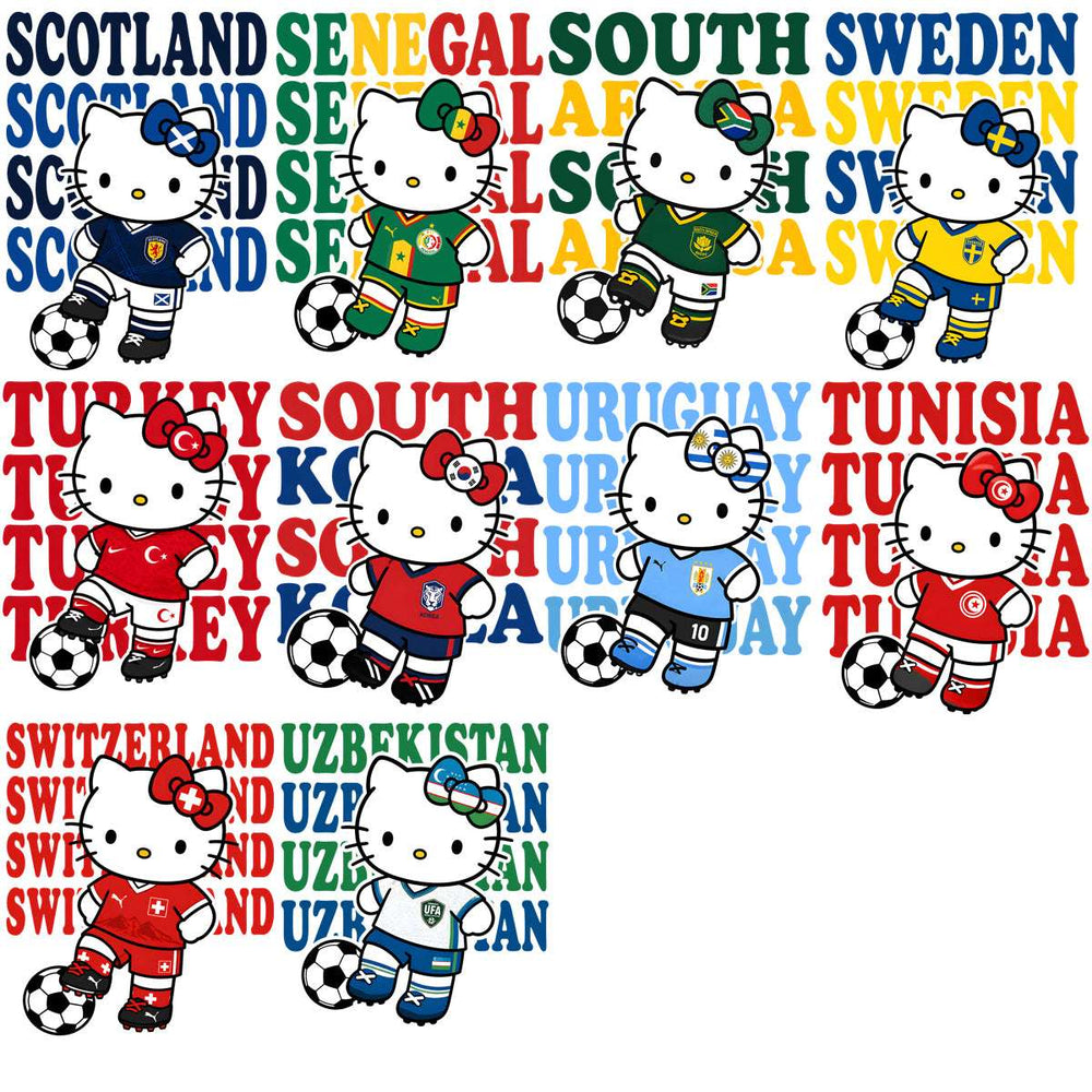 Hello Kitty in soccer jerseys with country flags, print-ready designs for DTG and embroidery