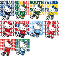 Load image into Gallery viewer, Hello Kitty in soccer jerseys with country flags, print-ready designs for DTG and embroidery

