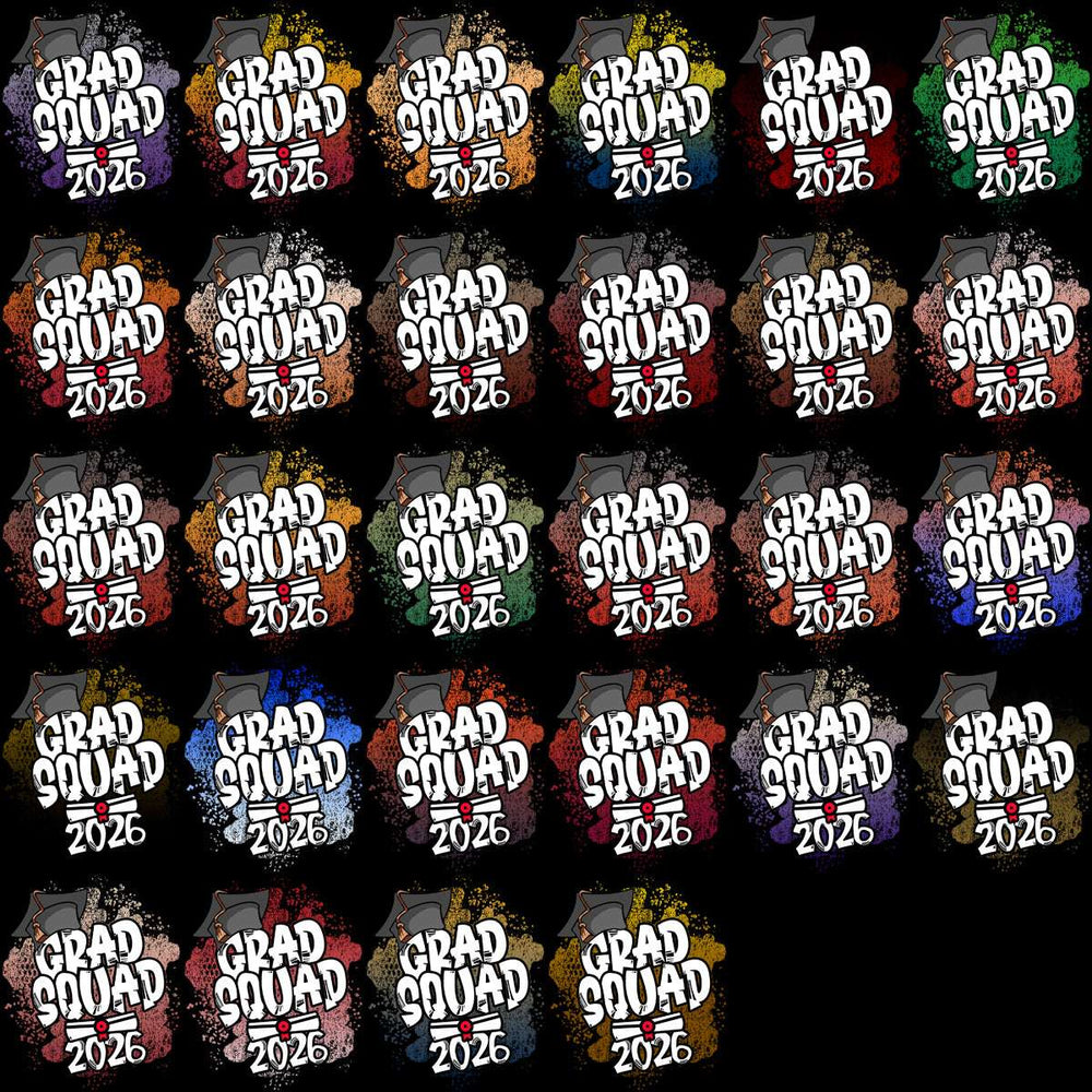Grad Squad 2026 designs with colorful splashes and graduation caps for print-ready apparel