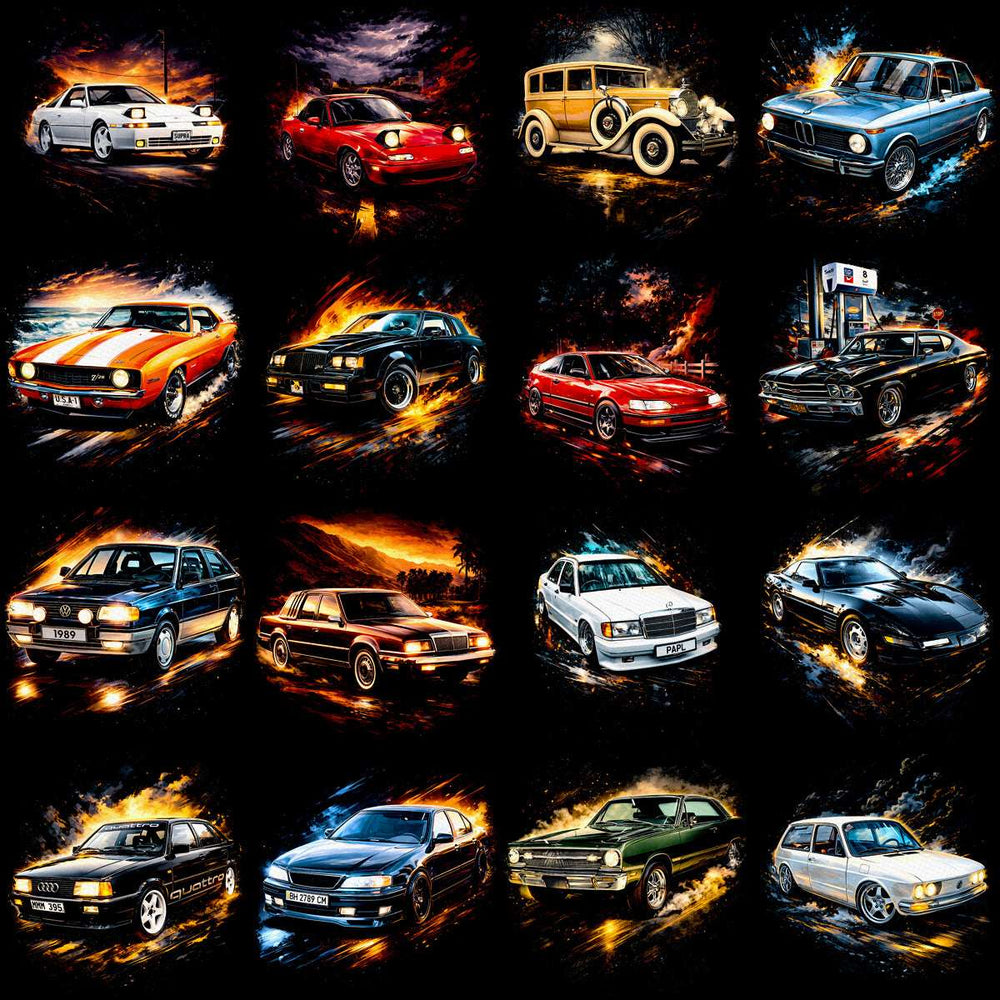 Classic and vintage cars in dynamic, fiery scenes for DTF/DTG and embroidery designs