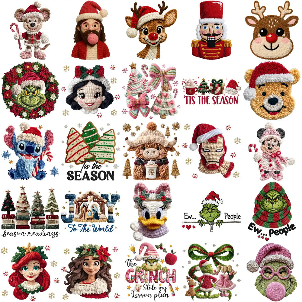 110 Cartoons CHRISTMAS Yarn Style Designs Bundle PNG