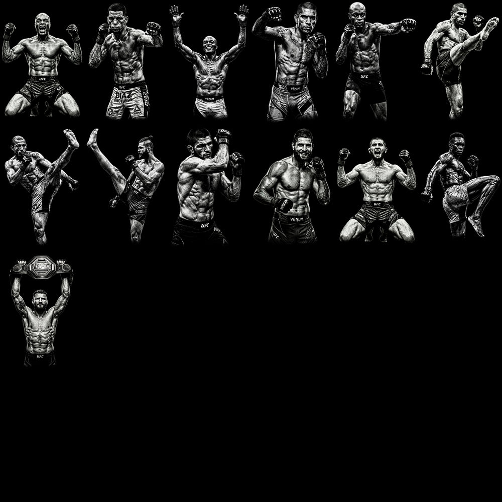 UFC fighters in action poses, black and white, print-ready PNG for DTF DTG designs