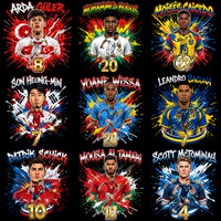 Load image into Gallery viewer, Soccer player graphics with vibrant splashes, jersey numbers, and national flags for DTF/DTG printing
