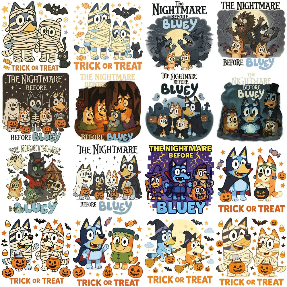 60 Halloween Bluey Dog Cartoons Designs Bundle PNG