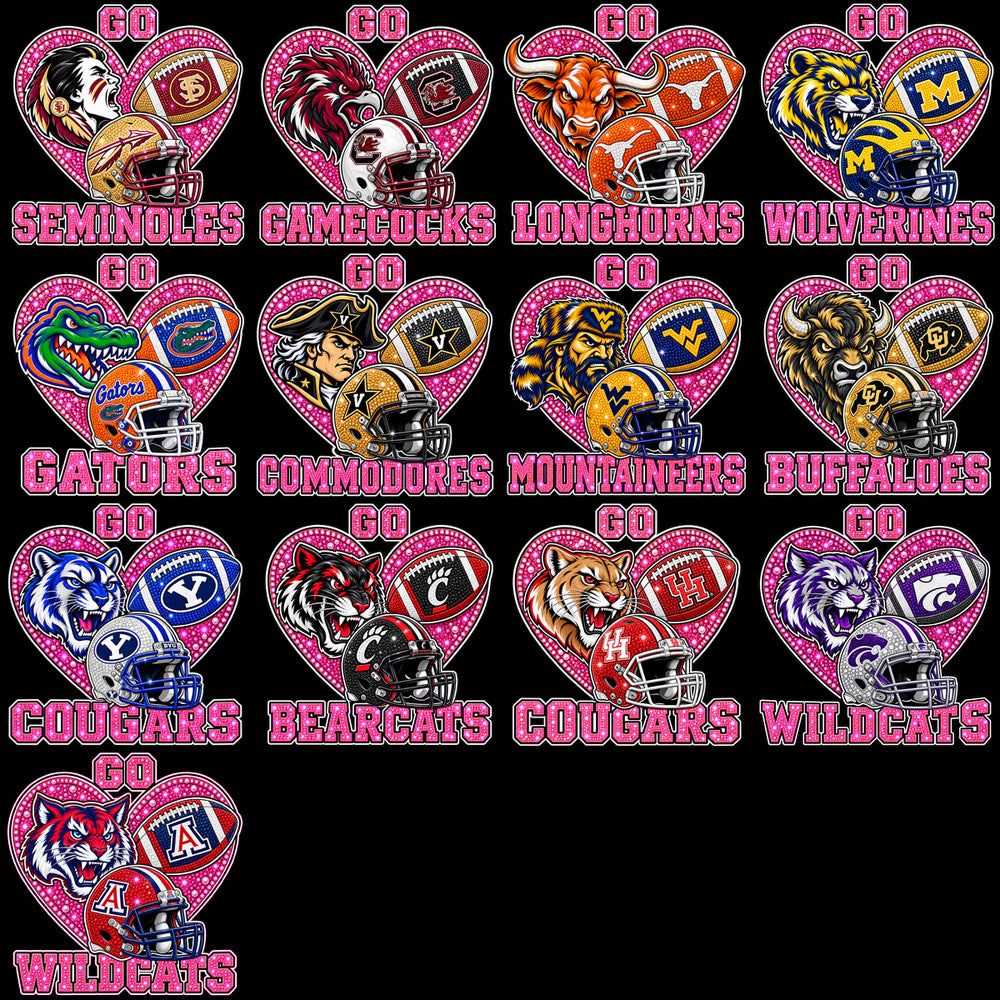 65 Go College Football NCAA Teams Pink October Heart Designs Bundle PNG
