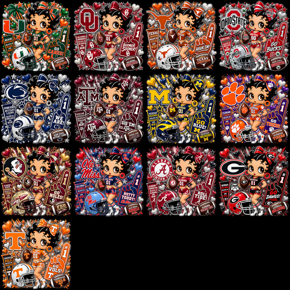 68 College Betty Boop Cheerleader Football NCAA Teams Designs Bundle PNG