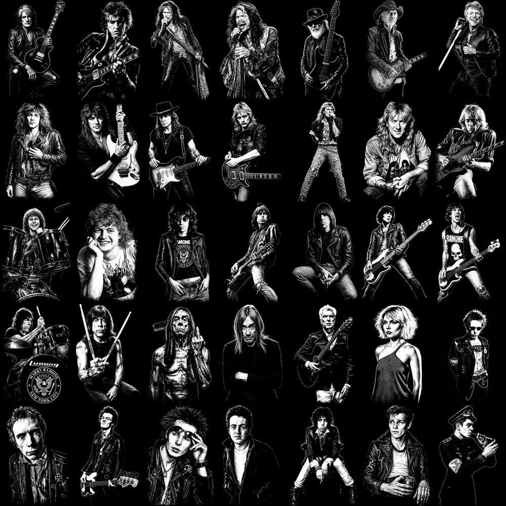 Black and white rock star portraits, print-ready for DTF, DTG, embroidery, tumbler wraps
