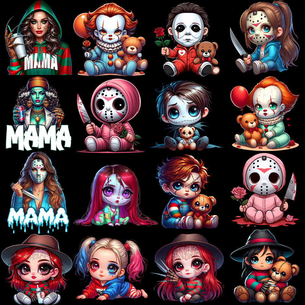 70 Halloween Horror Mom & Kids Slashers Designs Bundle PNG