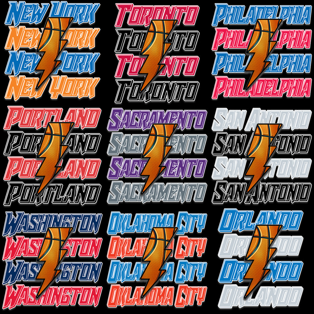 City basketball designs with lightning bolt, print-ready for DTF DTG, SVG PNG formats