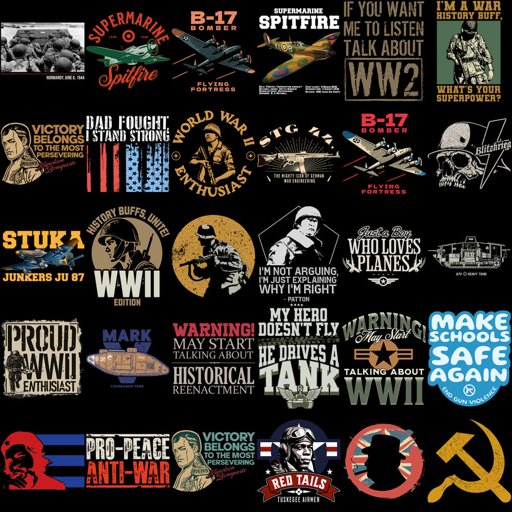 WWII-themed t-shirt designs featuring B-17, Spitfire, tanks, and historical quotes for DTF/DTG printing