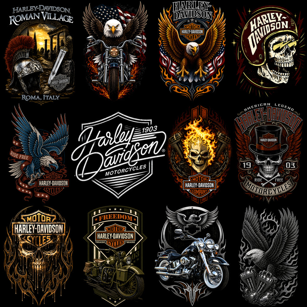 Harley-Davidson motorcycle designs with eagles, skulls, flames, and vintage bikes for DTF, DTG, embroidery