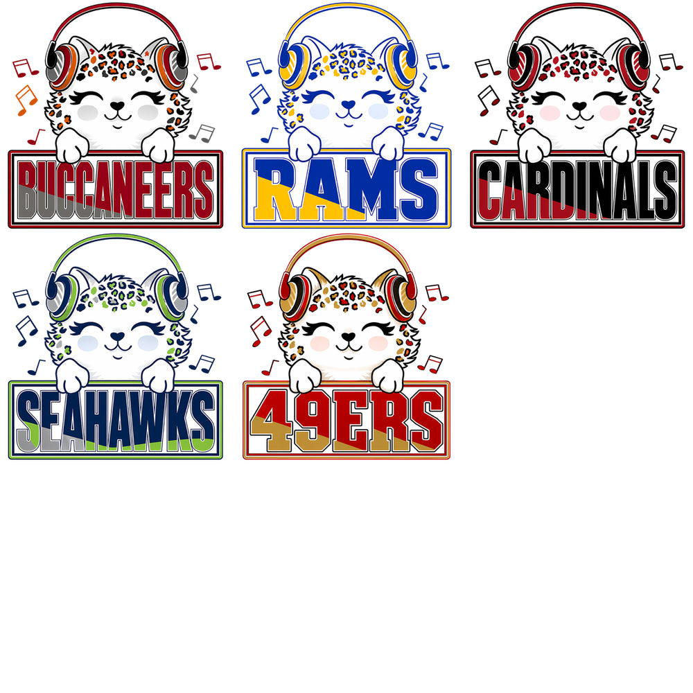 Cute leopard cat with headphones and NFL team logos: Buccaneers, Rams, Cardinals, Seahawks, 49ers