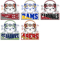 Cargar imagen en el visor de la galería, Cute leopard cat with headphones and NFL team logos: Buccaneers, Rams, Cardinals, Seahawks, 49ers
