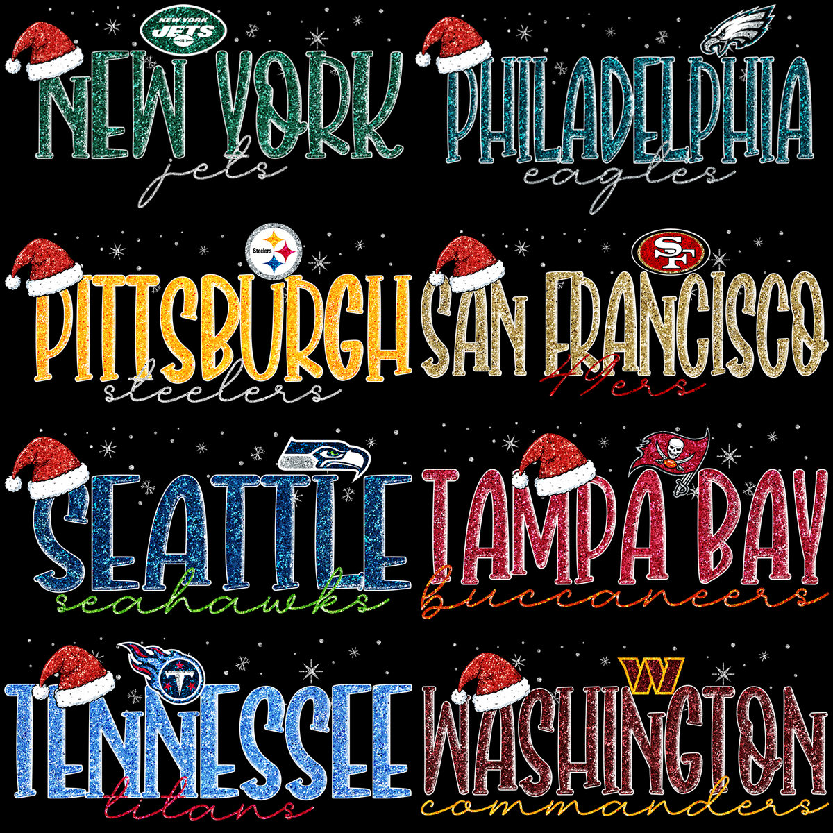 32 Christmas Football Teams Santa Hat Snow Designs Bundle PNG