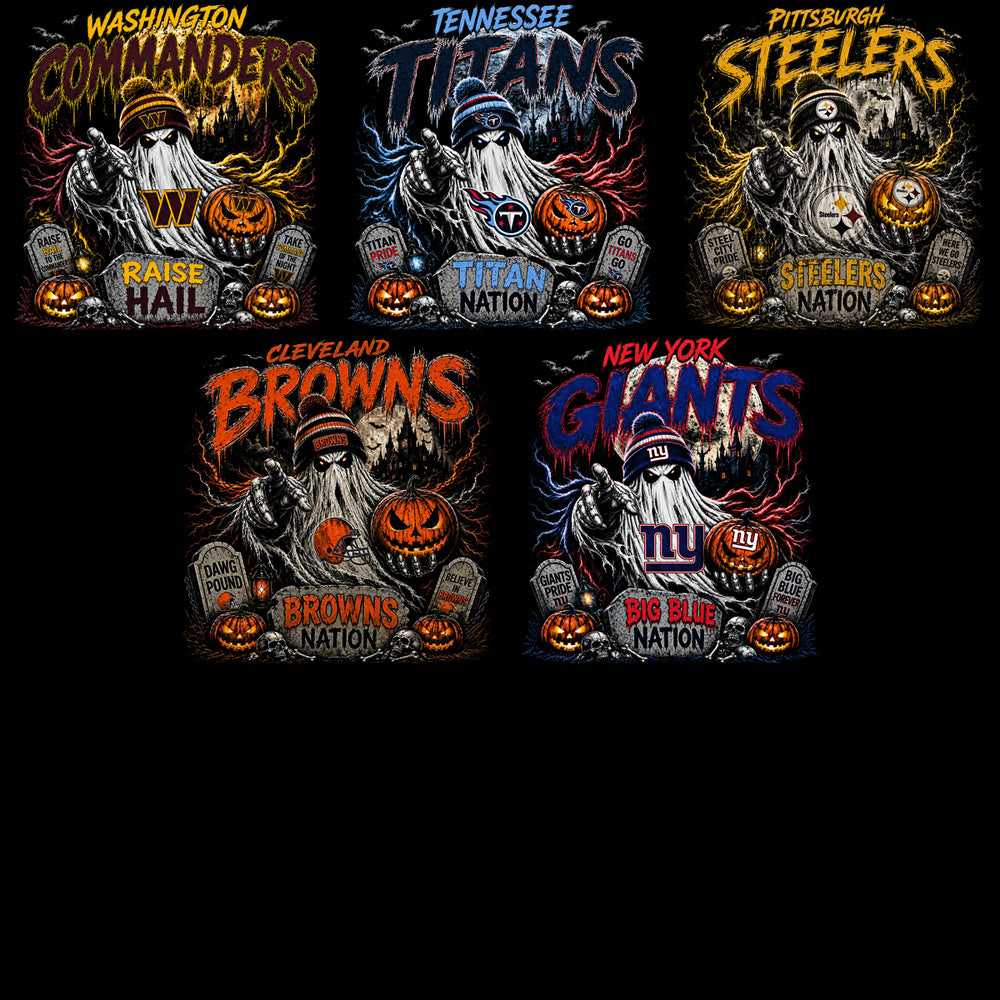 32 Football Teams Slogan Ghost Halloween Black Knockout Designs Bundle PNG