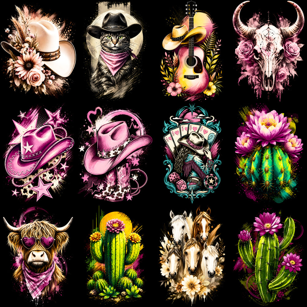 66 Cowgirl Rodeo Western Coastal Halftone Designs Bundle PNG