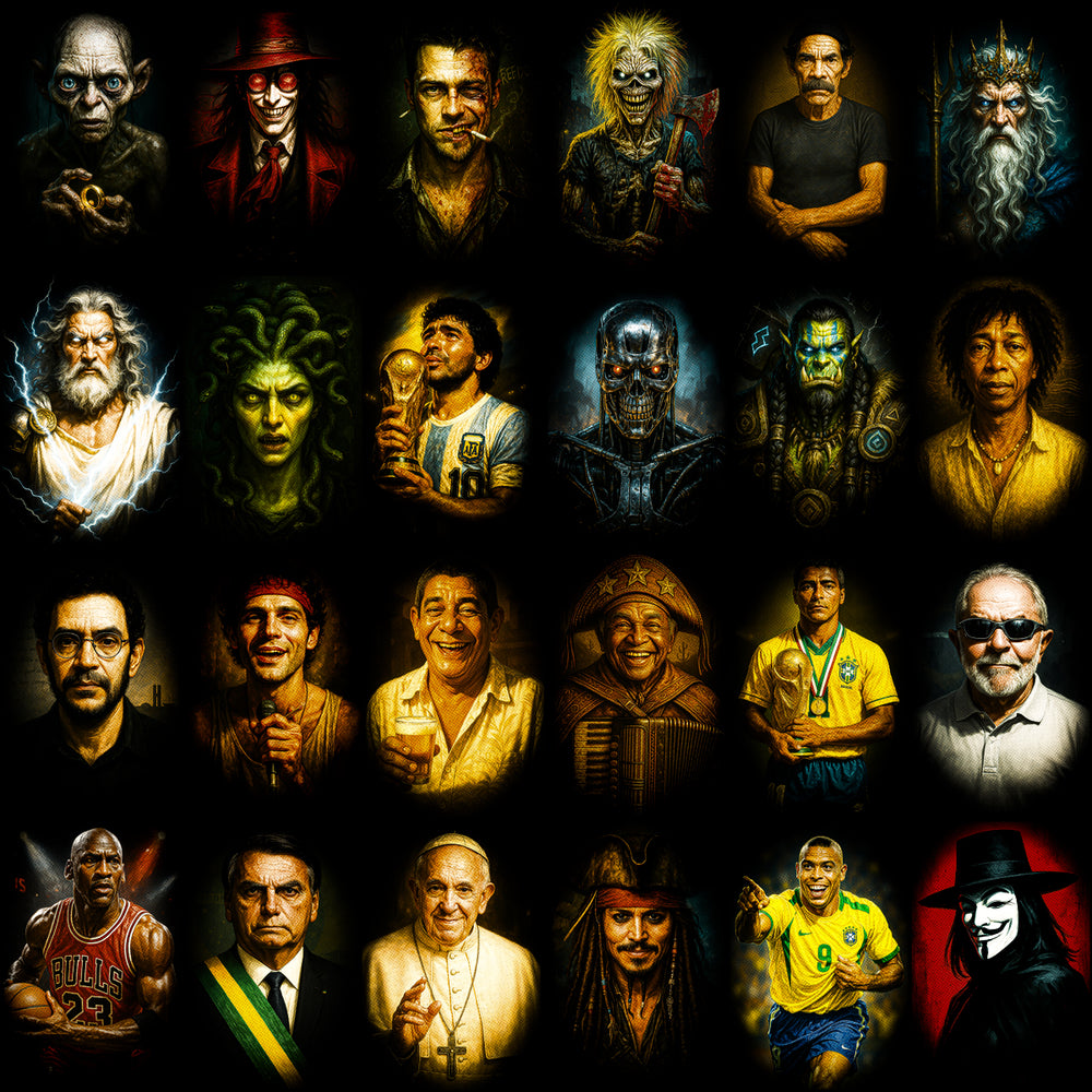 Grid of stylized digital portraits featuring diverse celebrities and fictional characters.