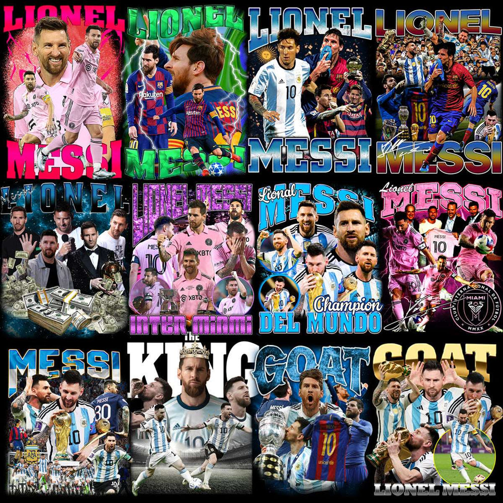 Lionel Messi soccer collage with Argentina and Inter Miami moments, trophies, and GOAT themes