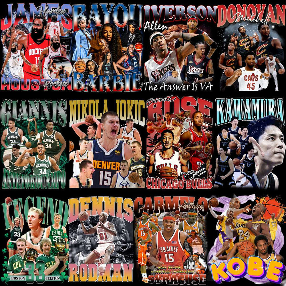 Basketball player collage featuring NBA stars like Kobe, Harden, and Jokic for DTF/DTG designs