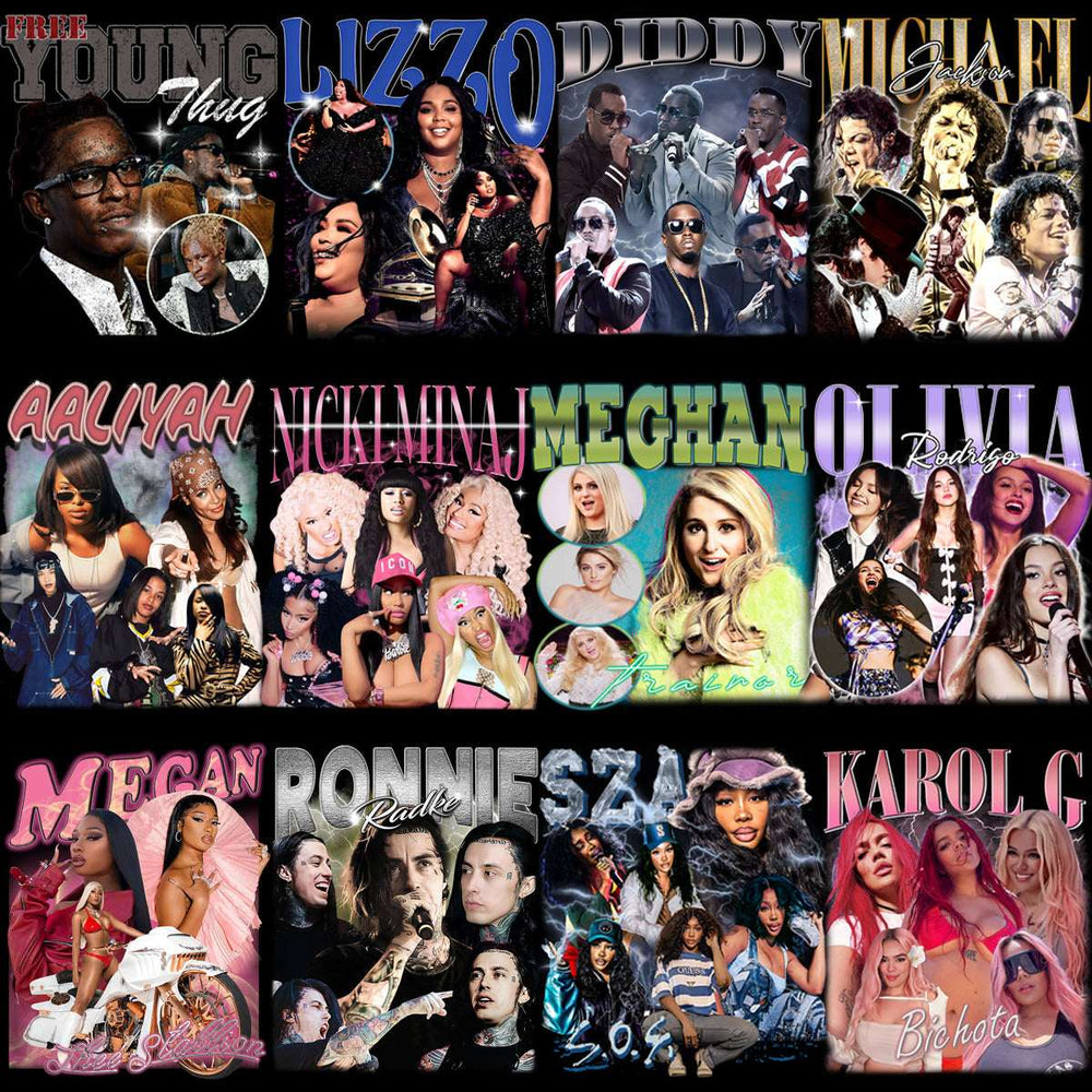 Celebrity collage featuring Young Thug, Lizzo, Diddy, Michael Jackson, Aaliyah, Nicki Minaj, Megan Thee Stallion, and more for DTF/DTG designs