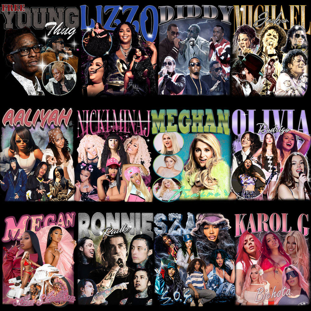 Celebrity collage featuring Young Thug, Lizzo, Diddy, Michael Jackson, Aaliyah, Nicki Minaj, Megan Thee Stallion, and more for DTF/DTG designs