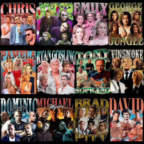 Celebrity collage bundle featuring Chris Evans, Joker, Emily Blunt, Ryan Gosling, Sopranos, Brad Pitt, David Hasselhoff & more for DTF DTG print designs