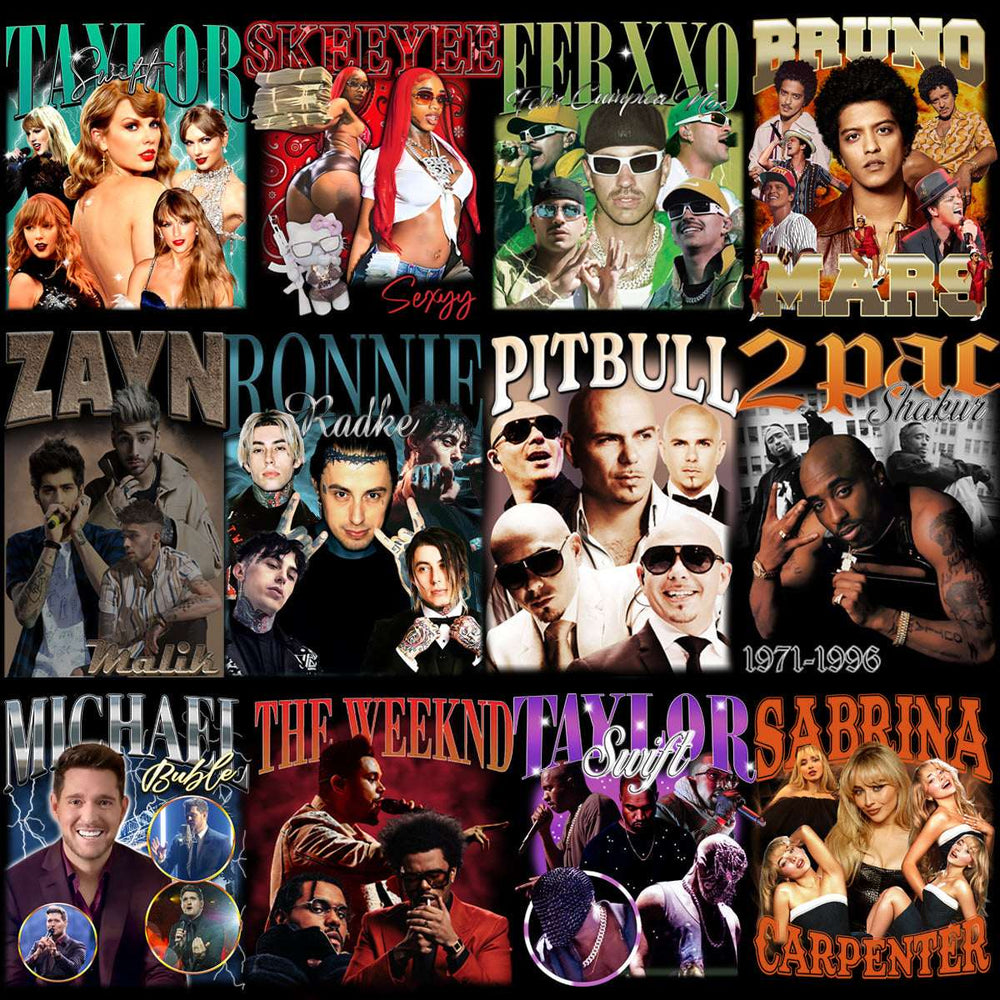 Celebrity collage featuring Taylor Swift, Bruno Mars, 2Pac, Pitbull, and more for print-ready designs