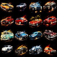 Load image into Gallery viewer, Vintage and classic cars in dynamic, fiery artwork for print-ready designs
